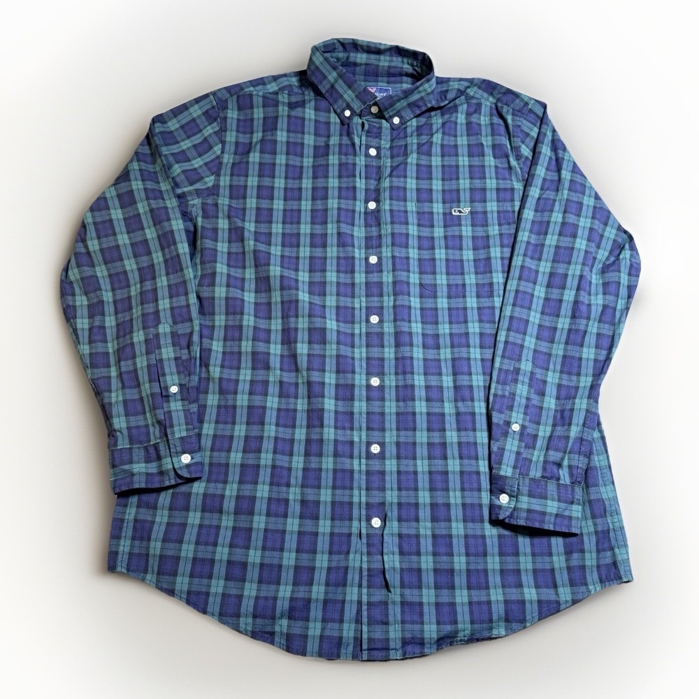 Vineyard Vines Large Tall LT Shirt Mens Classic Fit Tucker‎ Green Blue Plaid